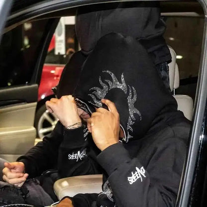 Y2K Jacket For Men Zip Hoodie Rhinestone Pattern Goth Sweatshirt Long Sleeve Oversized Pullover Hoodie