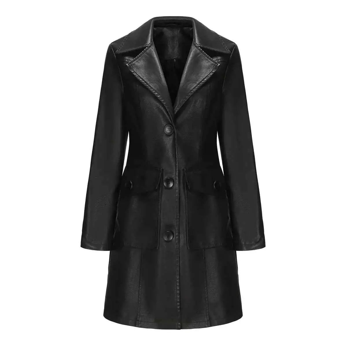 Black Women PU Leather Long Jacket Windbreaker For Spring And Autumn Lapel Single Breasted Long Sleeve
