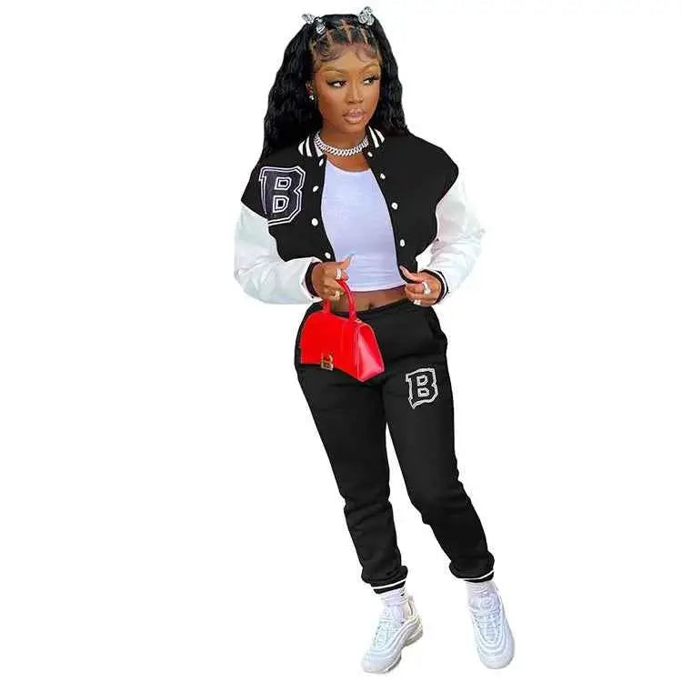 CM YAYA Letter B Baseball Womens Tracksuit Two Piece Jacket And Sweatpants Set Outfit