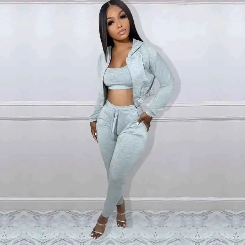 Women Sportswear 3 Piece Hooded Track Jacket Tank Top Jogger Pants Tracksuit Activewear Set
