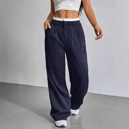 Women Striped Printed Full Length Pants High Waist Loose Wide Leg Trousers Casual Y2K Fashion
