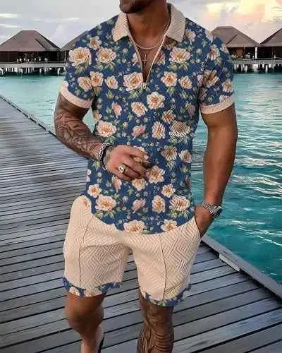 Mens Summer Tracksuit Set 3D Printed Casual Short Sleeve T Shirt With Lapel Zip Polo For Jogging