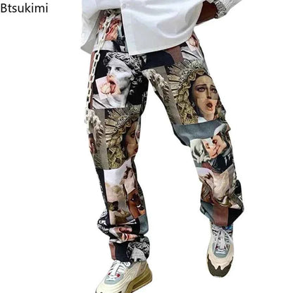 Mens Spring Autumn Streetwear Printed Pants Straight Loose Fit Mid Waist Full Length Casual Trousers