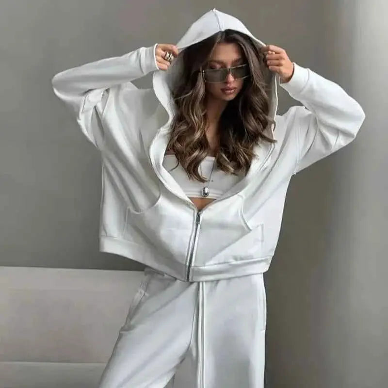 Casual Solid Tracksuit Two Piece Set Women Hooded Zipper Coat Sweatpants 2025 New Loose Fit