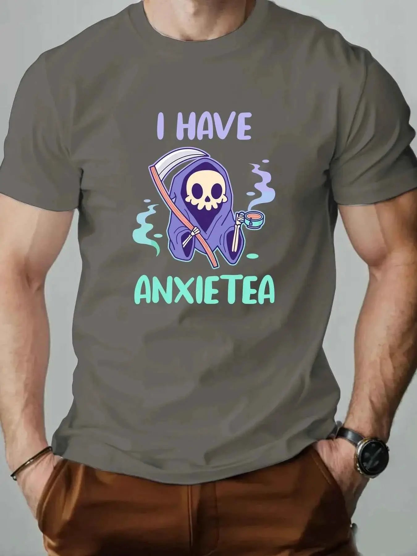 Men 100% Cotton Oversized T Shirt O Neck ANXIETEA Graphic Print Streetwear Casual Loose Fit Summer Tee Top For Daily Wear