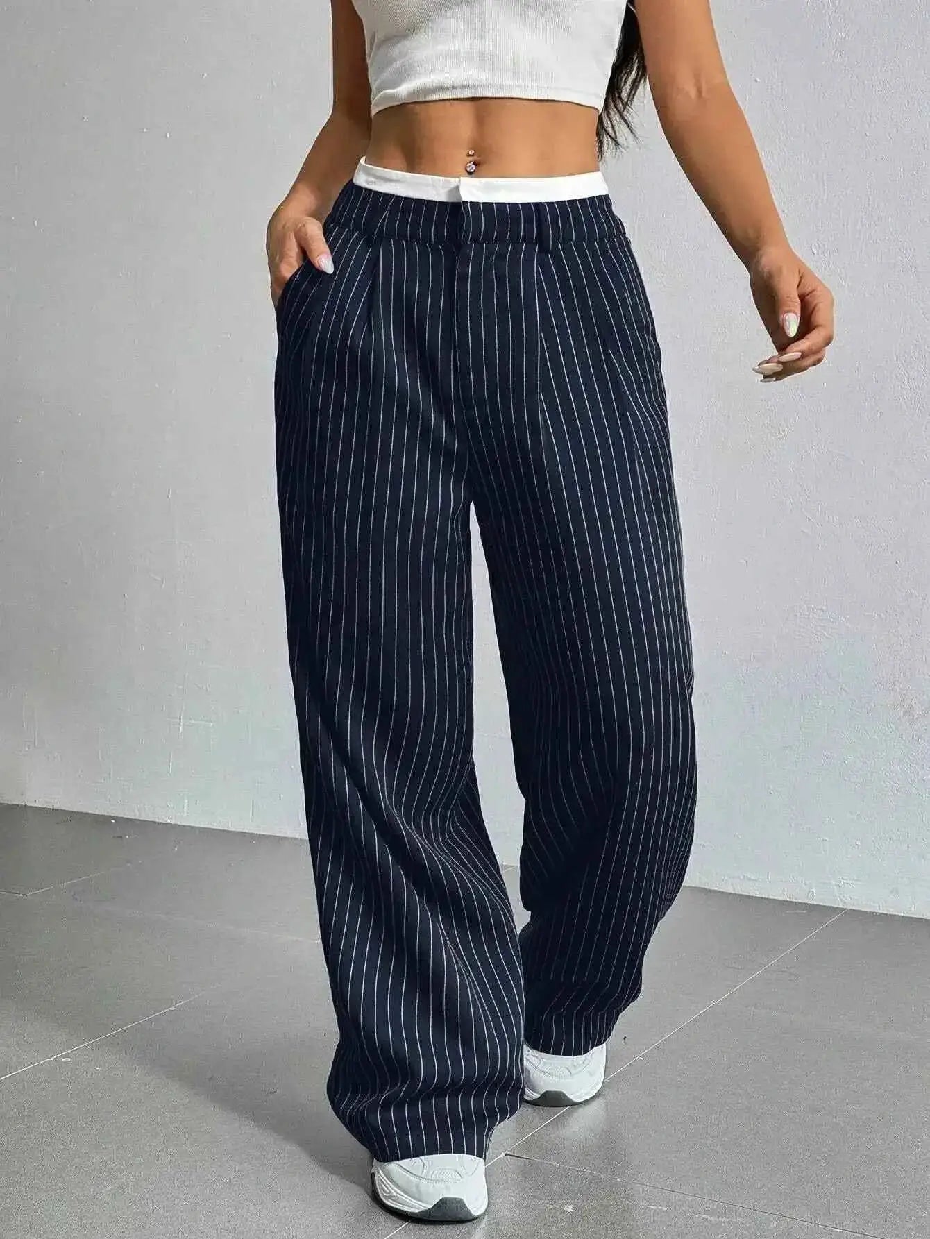 Women Striped Printed Full Length Pants High Waist Loose Wide Leg Trousers Casual Y2K Fashion