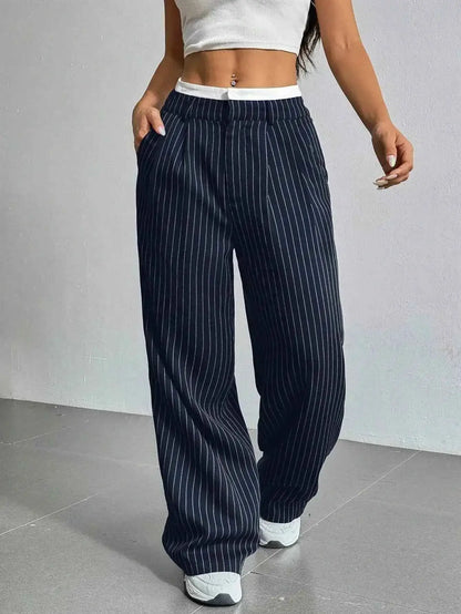 Women Striped Printed Full Length Pants High Waist Loose Wide Leg Trousers Casual Y2K Fashion