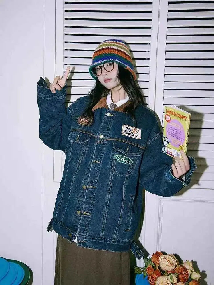 Retro Denim Jacket For Women 2024 Single Breasted Long Sleeve Loose Fit Korean Fashion Turn Down Collar Jean Blue Coat