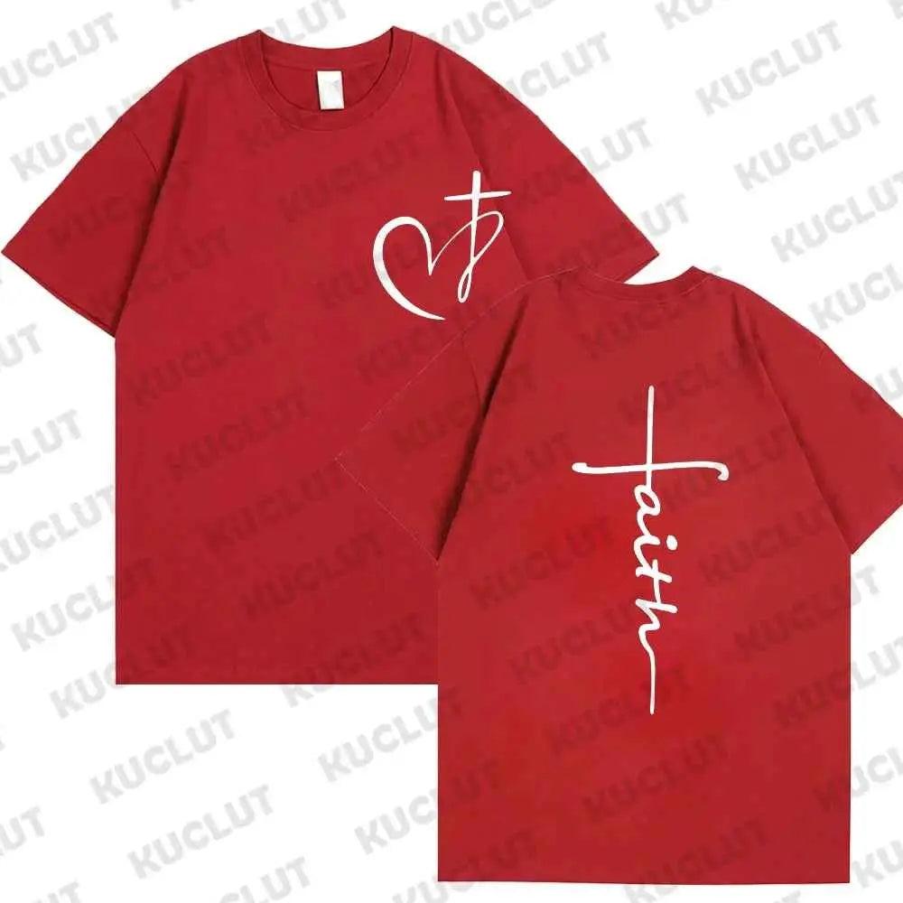 Women's Summer T Shirt Heart Cross Print Faith Jesus Tee Short Sleeve Top Fashion Brand Clothing