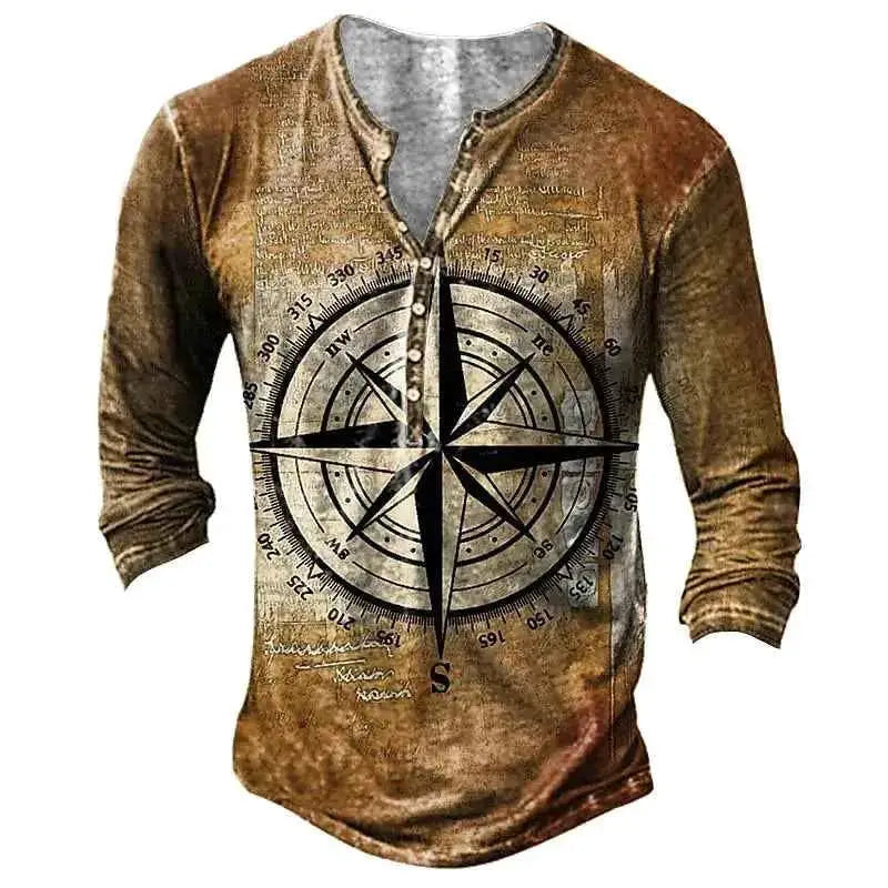 Vintage Men's Compass Graphic Long Sleeve Tee Oversized Streetwear 3D Print For Men
