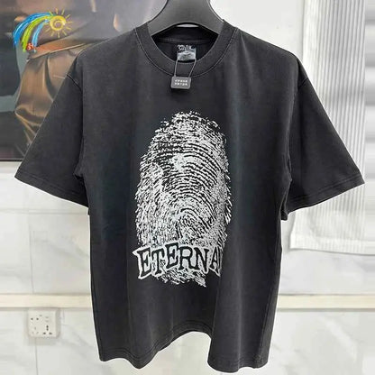 25SS Fingerprint Digital Direct Printing Saint T Shirt Unisex Oversized Vintage Washed Black Tee With Tag