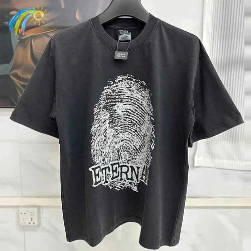 25SS Fingerprint Digital Direct Printing Saint T Shirt Unisex Oversized Vintage Washed Black Tee With Tag
