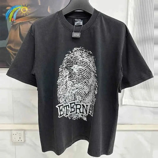 25SS Fingerprint Digital Direct Printing Saint T Shirt Unisex Oversized Vintage Washed Black Tee With Tag