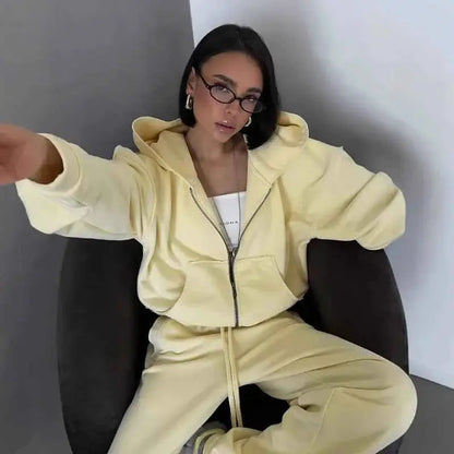 Casual Solid Tracksuit Two Piece Set Women Hooded Zipper Coat Sweatpants 2025 New Loose Fit