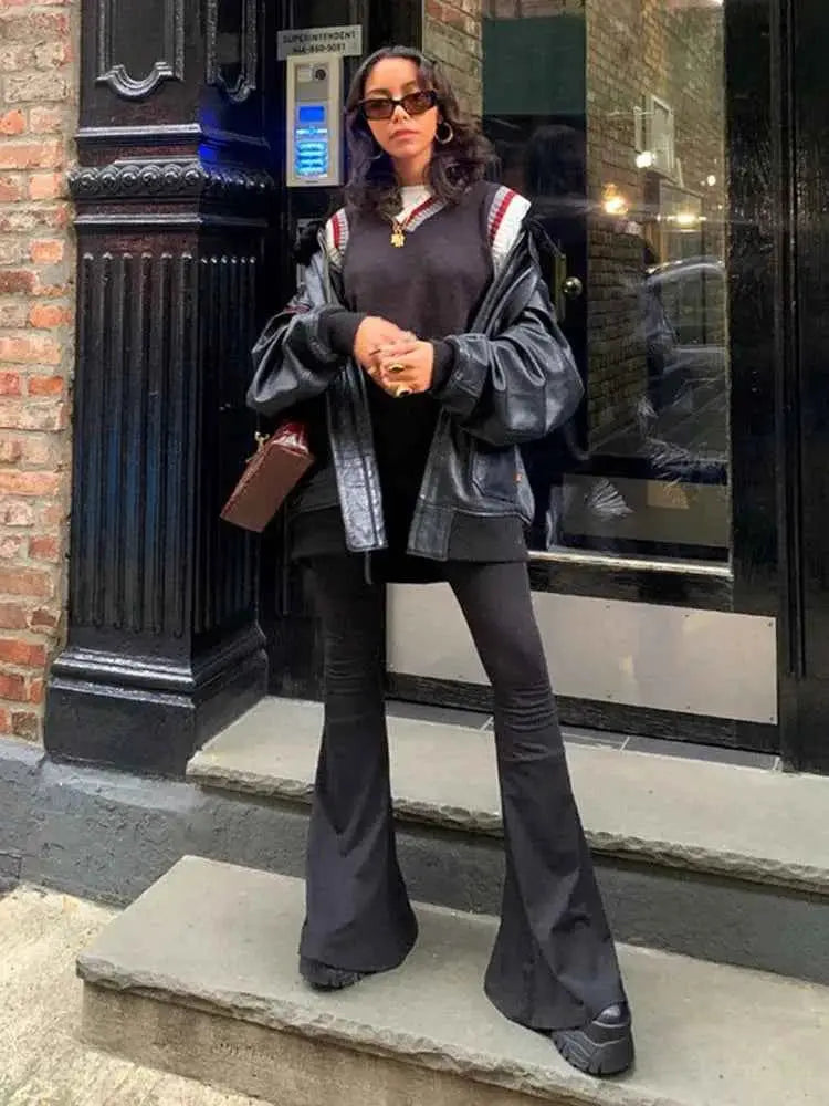 Solid Black High Waisted Slim Fitting Streetwear Flare Pants For Women Full Length Casual Trousers