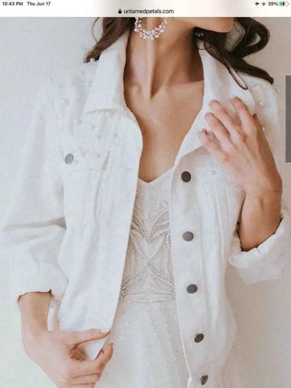 Bride To Be Personalized White Pearl Denim Jacket Bachelorette Gift With Custom Name For Bridesmaids