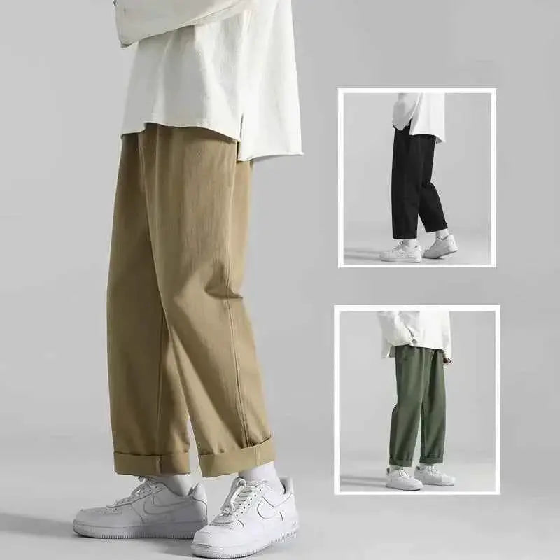 Men's Casual Khaki Pants Loose Fit Straight Leg Wide Leg Korean Style Trousers For Everyday Wear