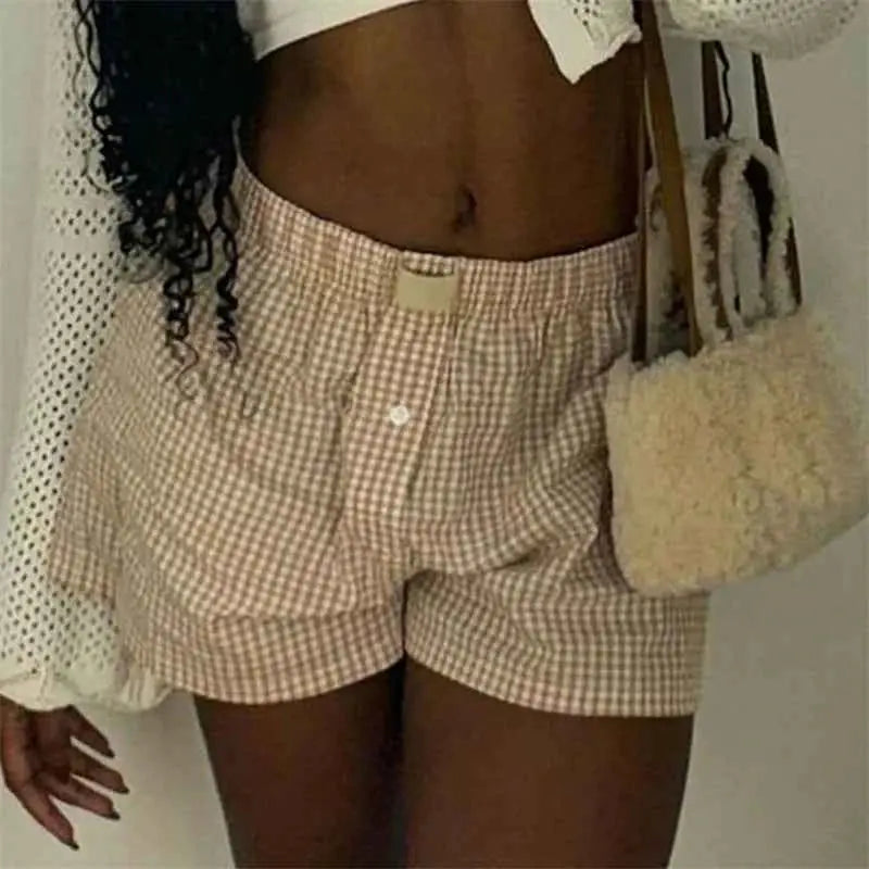 Breathable Women Plaid Lounge Boxer Shorts Elastic Waist Pajama Bottoms Sleepwear Y2K Casual Summer Gingham Shorts Beach