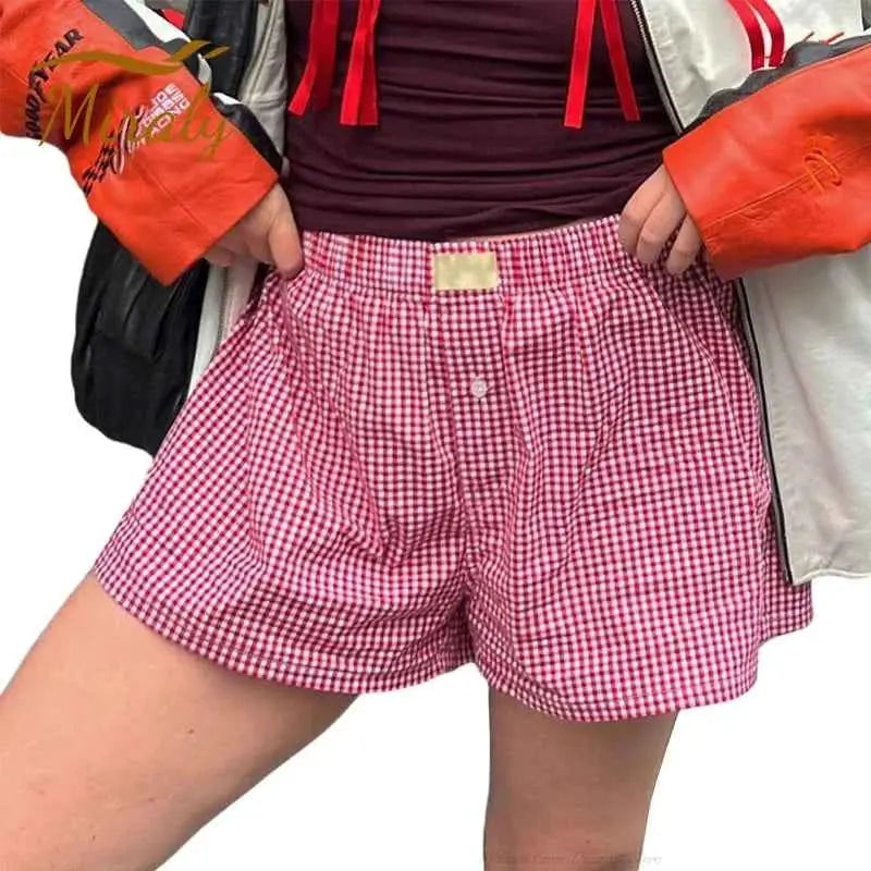 Breathable Women Plaid Lounge Boxer Shorts Elastic Waist Pajama Bottoms Sleepwear Y2K Casual Summer Gingham Shorts Beach