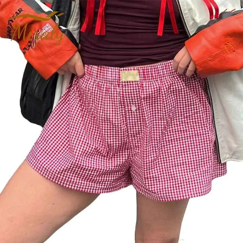 Breathable Women Plaid Lounge Boxer Shorts Elastic Waist Pajama Bottoms Sleepwear Y2K Casual Summer Gingham Shorts Beach