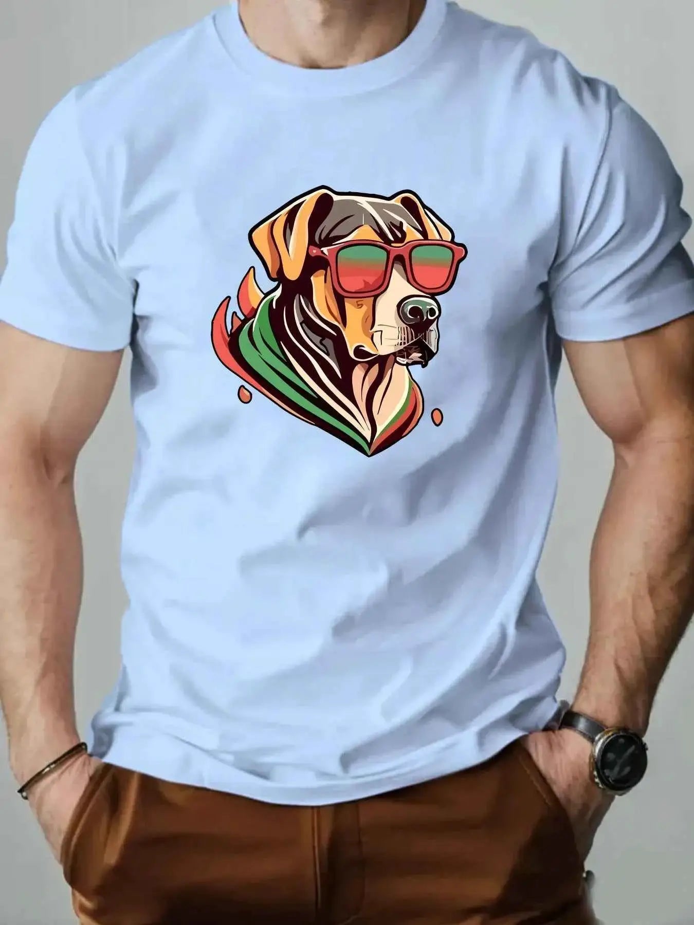 Men's Colorful Puppy Pattern Graphic Tee Breathable Oversized Summer Round Neck Hip Hop Style Premium Quality Cotton