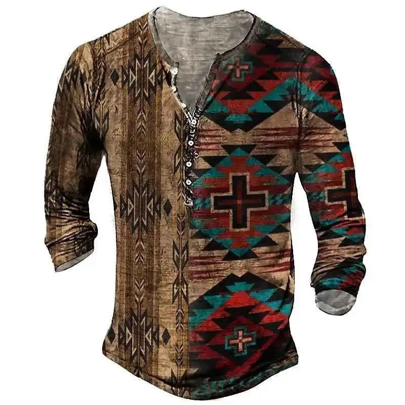 Vintage Style Men's Long Sleeve T Shirt Ethnic Graphic 3D Print Oversized Button Tee