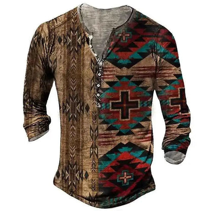 Vintage Style Men's Long Sleeve T Shirt Ethnic Graphic 3D Print Oversized Button Tee