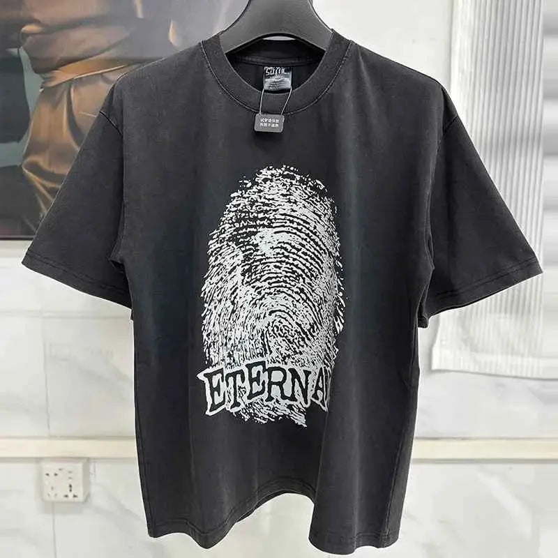 25SS Fingerprint Digital Direct Printing Saint T Shirt Unisex Oversized Vintage Washed Black Tee With Tag