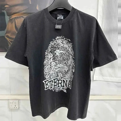 25SS Fingerprint Digital Direct Printing Saint T Shirt Unisex Oversized Vintage Washed Black Tee With Tag