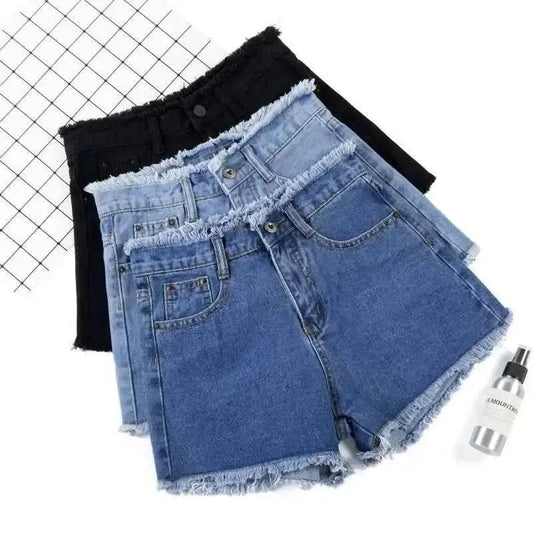 2025 Summer Women High Waist Denim Shorts Raw Hem Casual Schoolgirl Style Blue Black White
