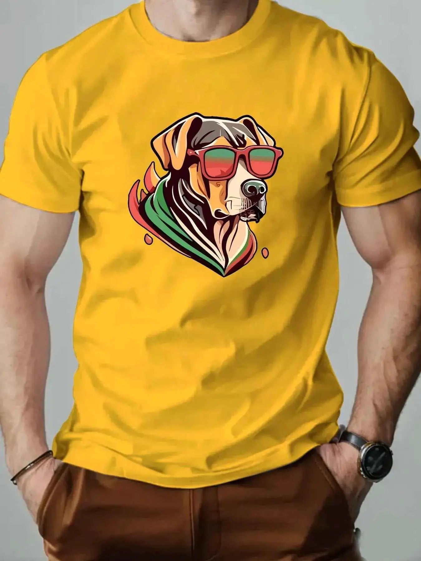 Men's Colorful Puppy Pattern Graphic Tee Breathable Oversized Summer Round Neck Hip Hop Style Premium Quality Cotton