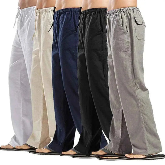 Mens Summer Casual Breathable Loose Lightweight Straight Pants With Multiple Pockets Solid Color Linen Trousers