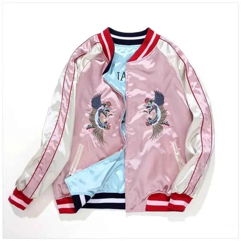 Double Sided Satin Baseball Jacket Women Featuring Mount Fuji Yokosuka Japanese Artwork Sky Blue And Pink By TeenStylo