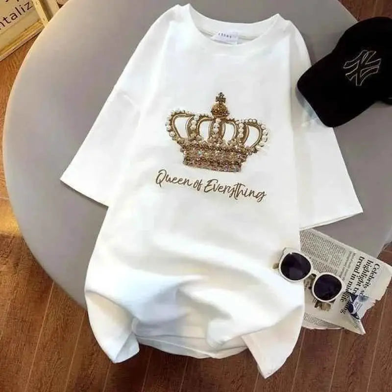 Oversize Cotton Tee For Women Crown Print Short Sleeve Loose Fit Summer Top Korean Fashion Luxury Designer Clothing