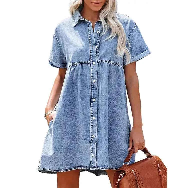 Women Denim Shirt Dress Short Sleeve Turn Down Collar Jean Dress Single Breasted Casual Loose Fit With Ruffled Edge