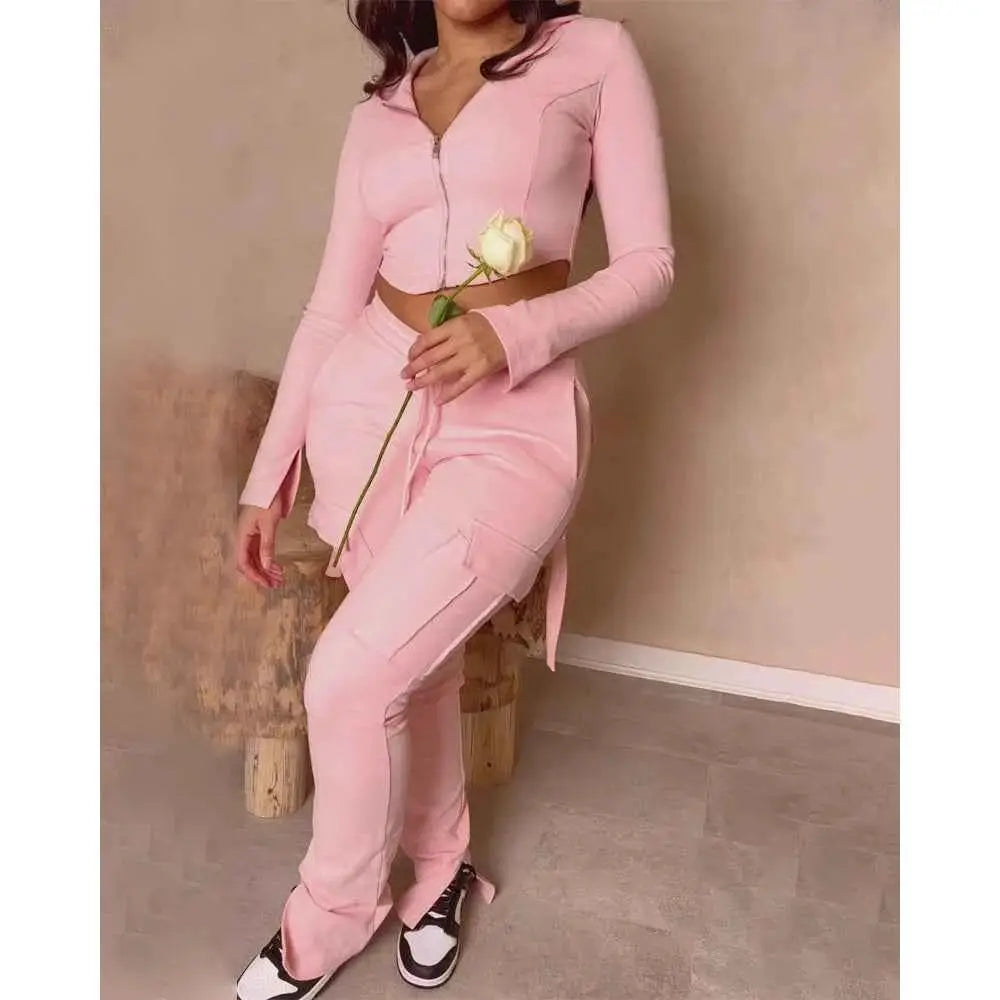 Women Hooded Crop Top And Pocket Skinny Pants Set Long Sleeve Casual Two Piece Autumn Outfit
