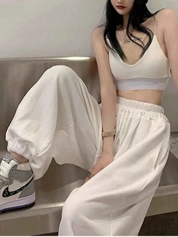 Women White Jogging Sweatpants Harajuku Style Wide Leg Casual Sports Pants Korean Fashion Ankle Length