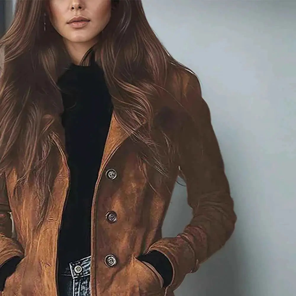 Elegant Suede Long Trench Coat Women Vintage Pocket Single Breasted Long Sleeve Outerwear Windbreaker Fall Jacket