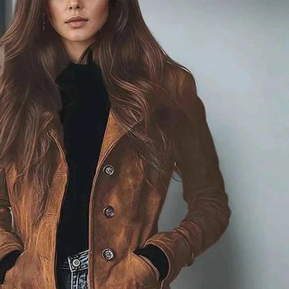 Elegant Suede Long Trench Coat Women Vintage Pocket Single Breasted Long Sleeve Outerwear Windbreaker Fall Jacket