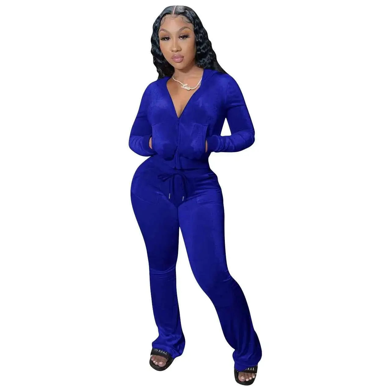 Women Autumn Velour Tracksuit Set Two Piece Zip Up Hooded Jacket Bodycon Flared Pants Jogger Outfit