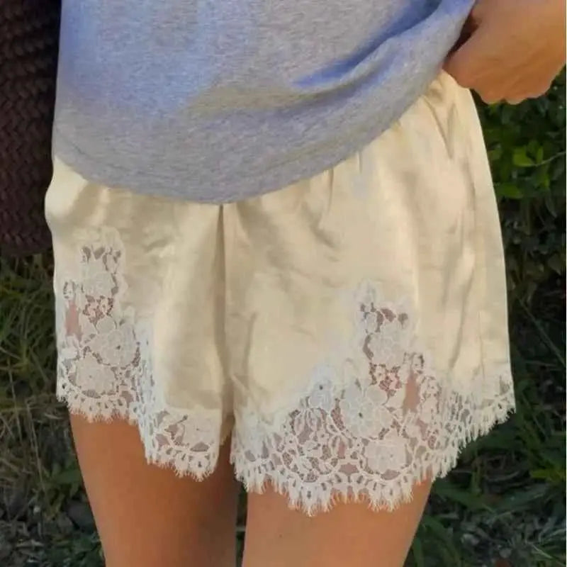 Women Y2K Silk Lace Trim Shorts Pajama Micro Mini Slip Boxer Lounge Low Rise Bottoms Streetwear