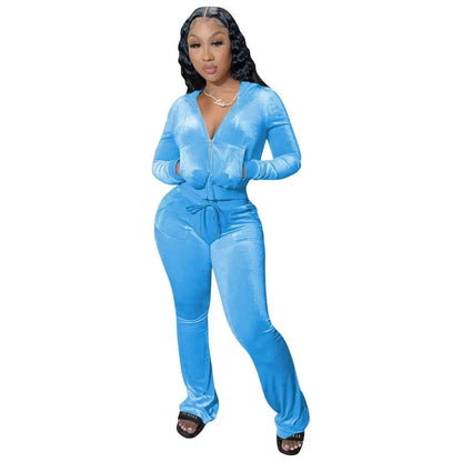 Women Autumn Velour Tracksuit Set Two Piece Zip Up Hooded Jacket Bodycon Flared Pants Jogger Outfit