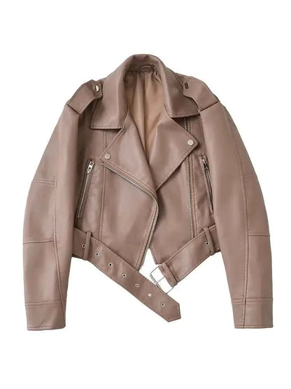 Women Faux PU Leather Short Jacket Belted Motorcycle Style Zipper Lapel Spring Autumn Outwear
