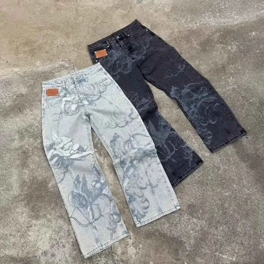 Y2K Angel Baggy Jeans for Men and Women Retro High Street Cupid Arrow Style Unisex Casual Straight Leg Hip Hop Jeans
