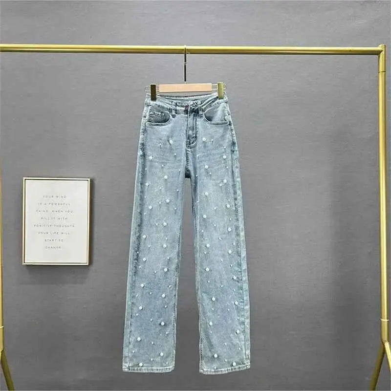 TeenStylo Beaded Denim Pants Wide Leg Jeans For Women Trendy Beaded Detailing Denim Trousers