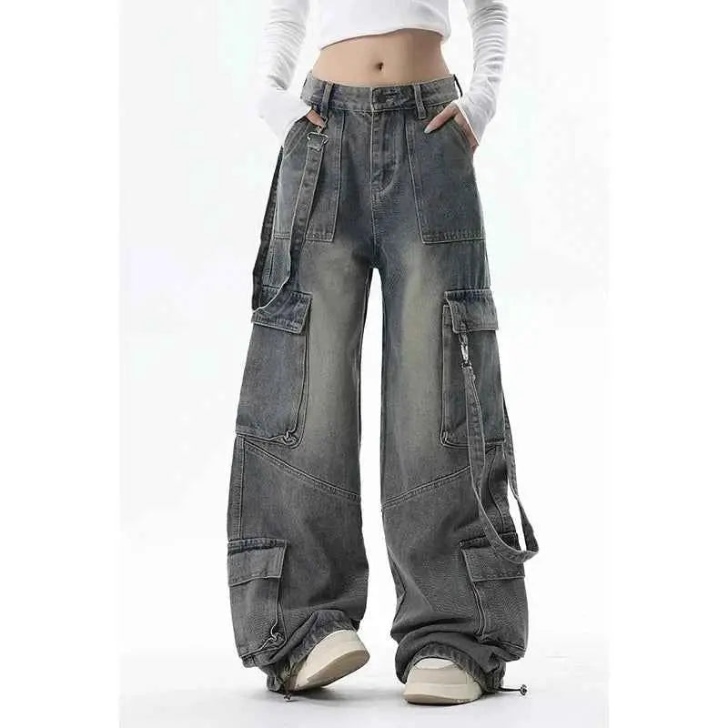 Women Vintage Blue Gothic Cargo Jeans For Everyday Streetwear By TeenStylo Premium Quality Classic Fit