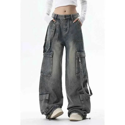 Women Vintage Blue Gothic Cargo Jeans For Everyday Streetwear By TeenStylo Premium Quality Classic Fit