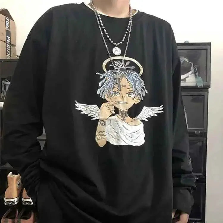 Y2K Vintage Men T Shirt Long Sleeve Oversized Harajuku Streetwear Cross Print Tee Autumn