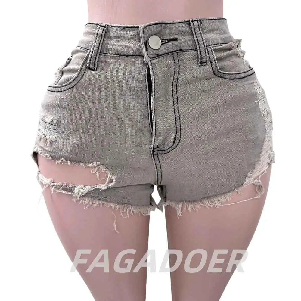 FAGADOER Gray High Waisted Button Denim Shorts For Women Street Style Casual Solid Color Distressed Hole Bottoms 2023
