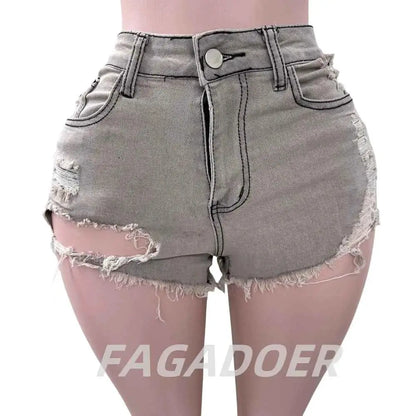 FAGADOER Gray High Waisted Button Denim Shorts For Women Street Style Casual Solid Color Distressed Hole Bottoms 2023